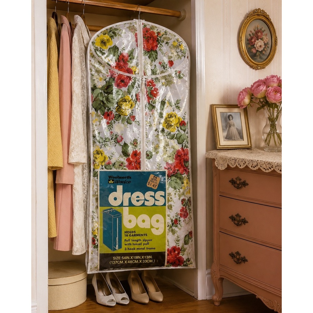 Vintage Woolworth Floral Vinyl Dress Bag NOS Jumbo Garment Storage‎ Cover Retro